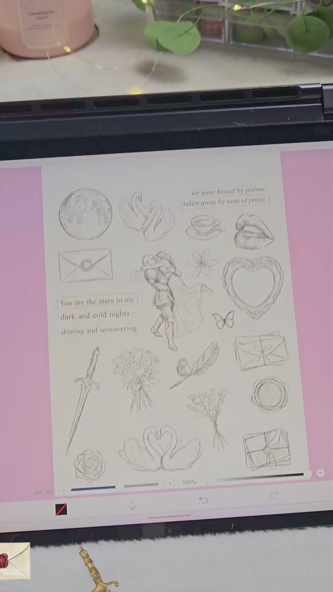 A video showing the process of drawing digital illustrations on a tablet using a stylus, which then transitions into a physical sticker sheet product. The 'A Warrior's Heart' themed design features a vintage and romantic fantasy style, depicting a knight in armor embracing his partner, two white swans, a golden sword, a red moon, roses, and a love letter with a wax seal. The video ends with a close-up view of the physical stickers on a table decorated with lace and white tulips