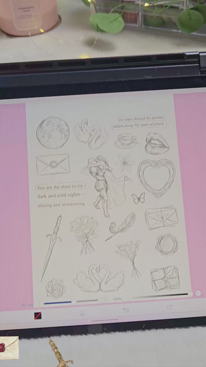 A video showing the process of drawing digital illustrations on a tablet using a stylus, which then transitions into a physical sticker sheet product. The 'A Warrior's Heart' themed design features a vintage and romantic fantasy style, depicting a knight in armor embracing his partner, two white swans, a golden sword, a red moon, roses, and a love letter with a wax seal. The video ends with a close-up view of the physical stickers on a table decorated with lace and white tulips