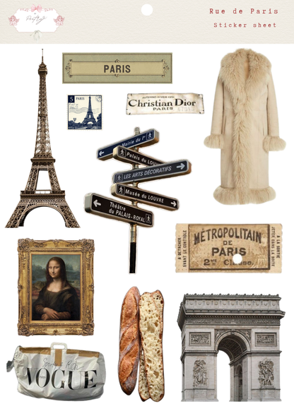 Sticker sheet with Paris-themed items including Eiffel Tower, signs, coat, Mona Lisa, baguette, and Arc de Triomphe.